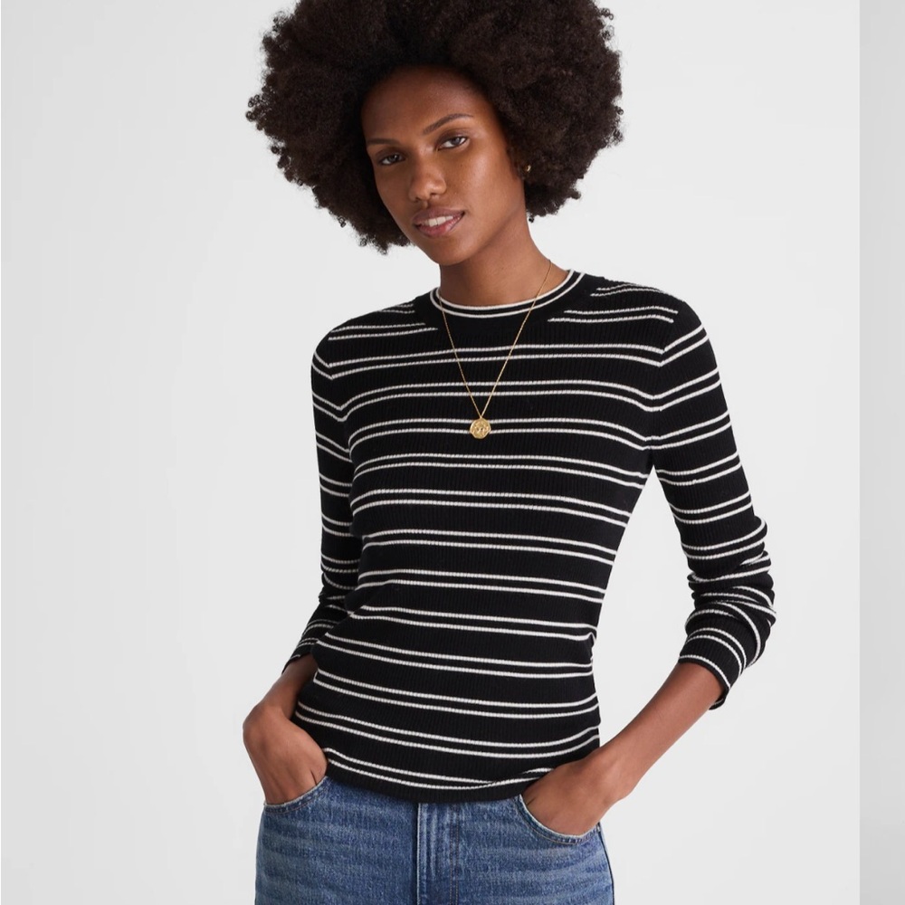 Madewell Double Layered Crewneck in Merino-Silk Blend - Black & Whit Medium